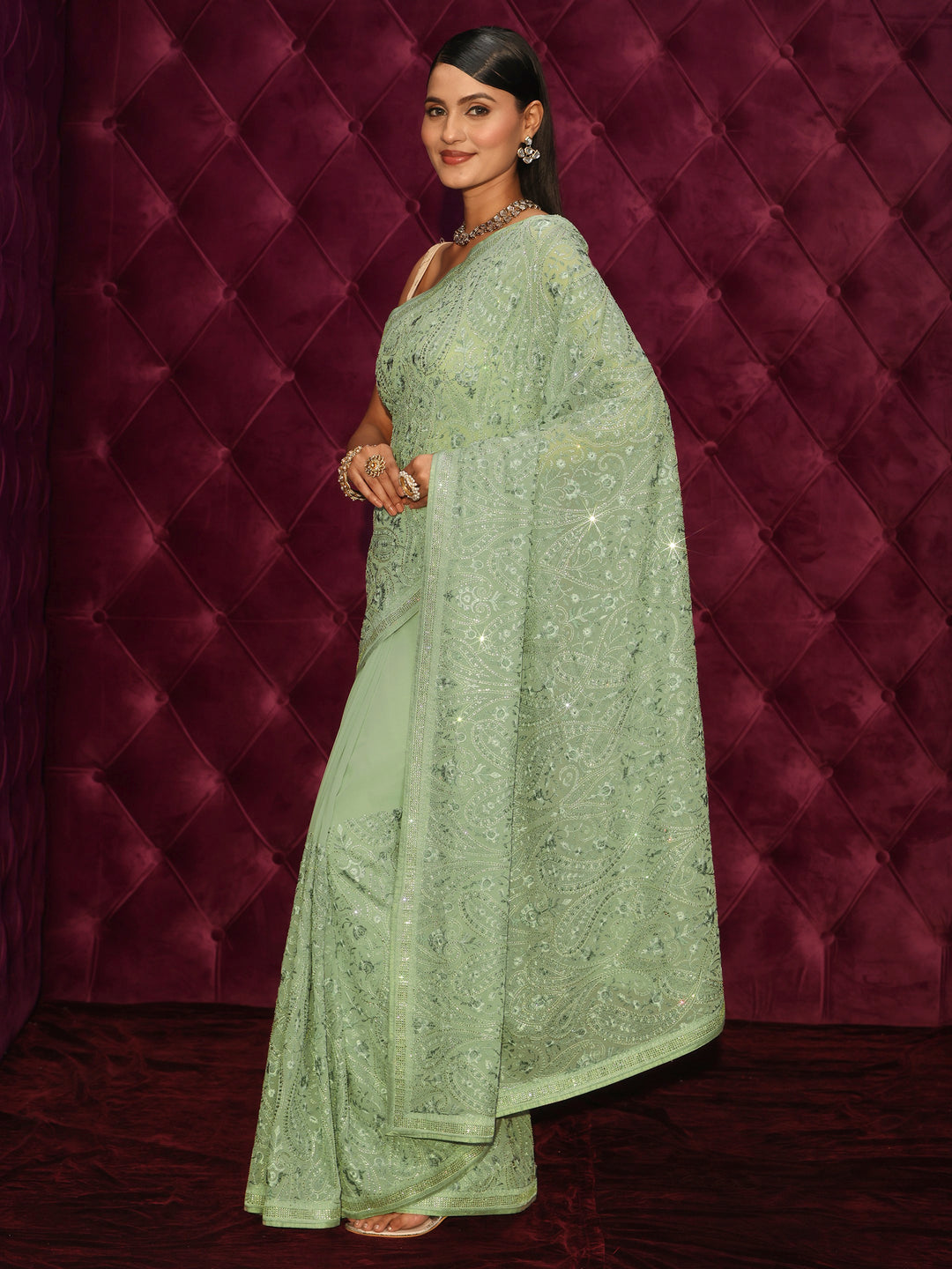  Libas Green Stone Work Embroidered Georgette Saree 