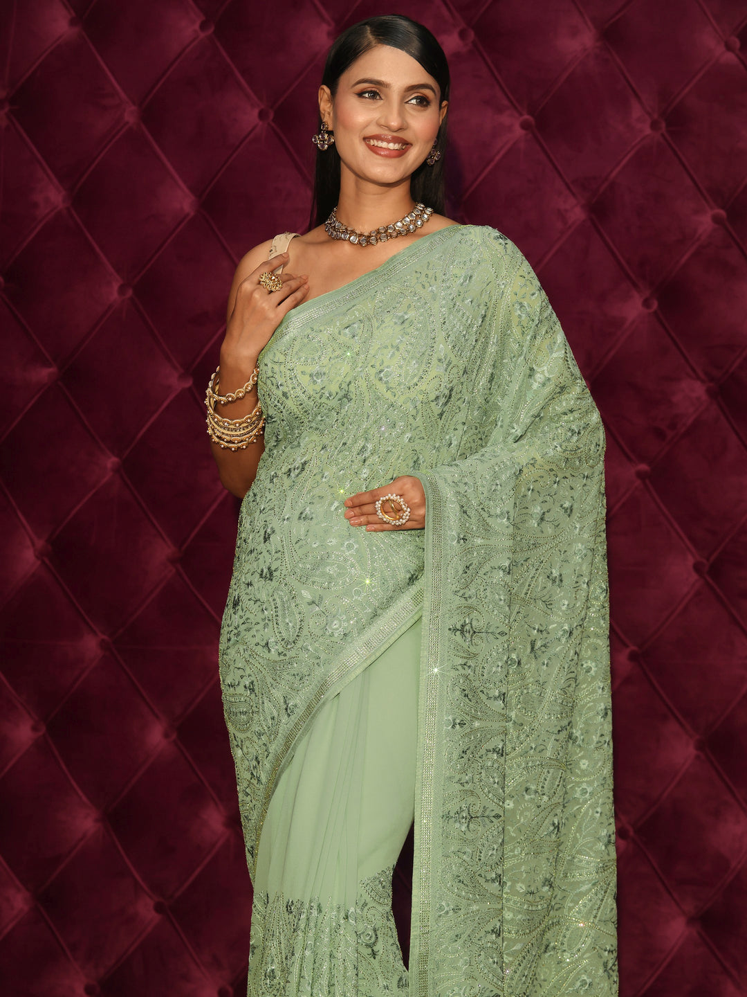  Libas Green Stone Work Embroidered Georgette Saree 