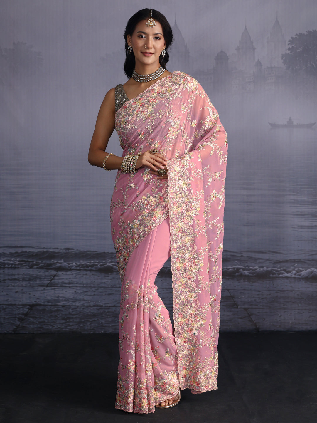  Libas Art Blush Pink Floral Embroidered Stone Work Georgette Saree 