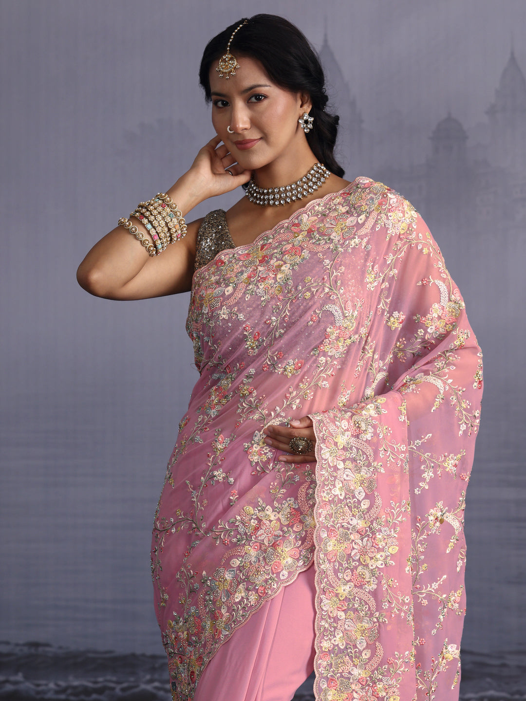  Libas Art Blush Pink Floral Embroidered Stone Work Georgette Saree 