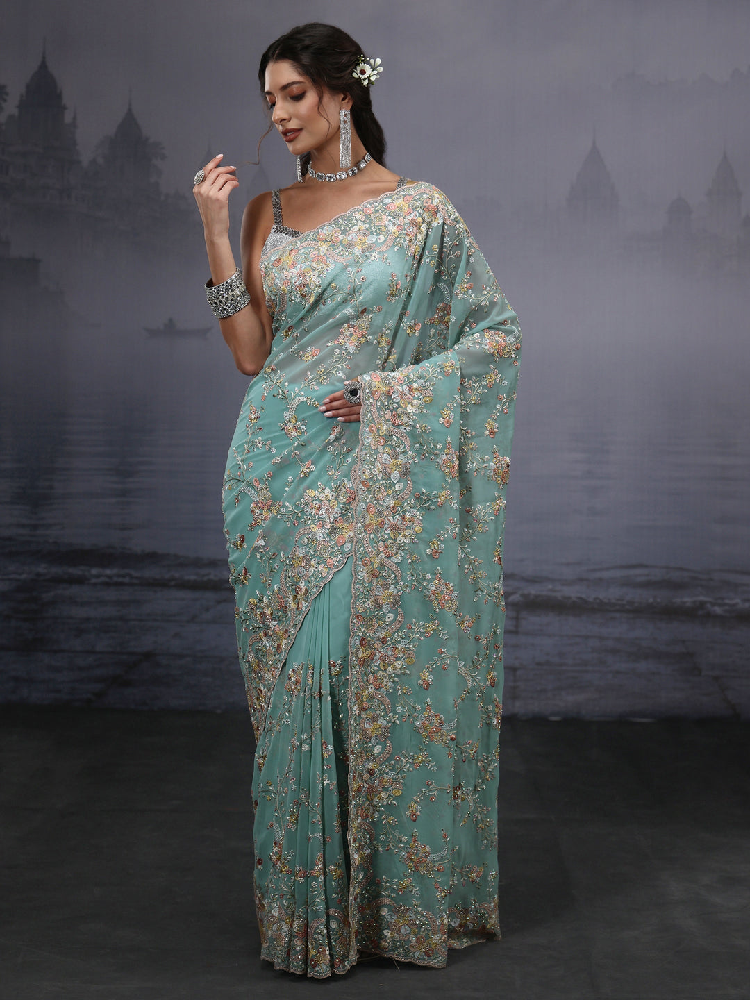  Libas Art Aqua Blue Floral Embroidered Georgette Saree 