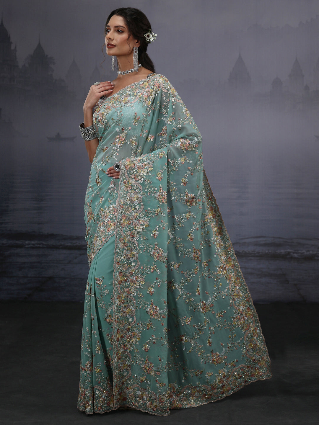  Libas Art Aqua Blue Floral Embroidered Georgette Saree 