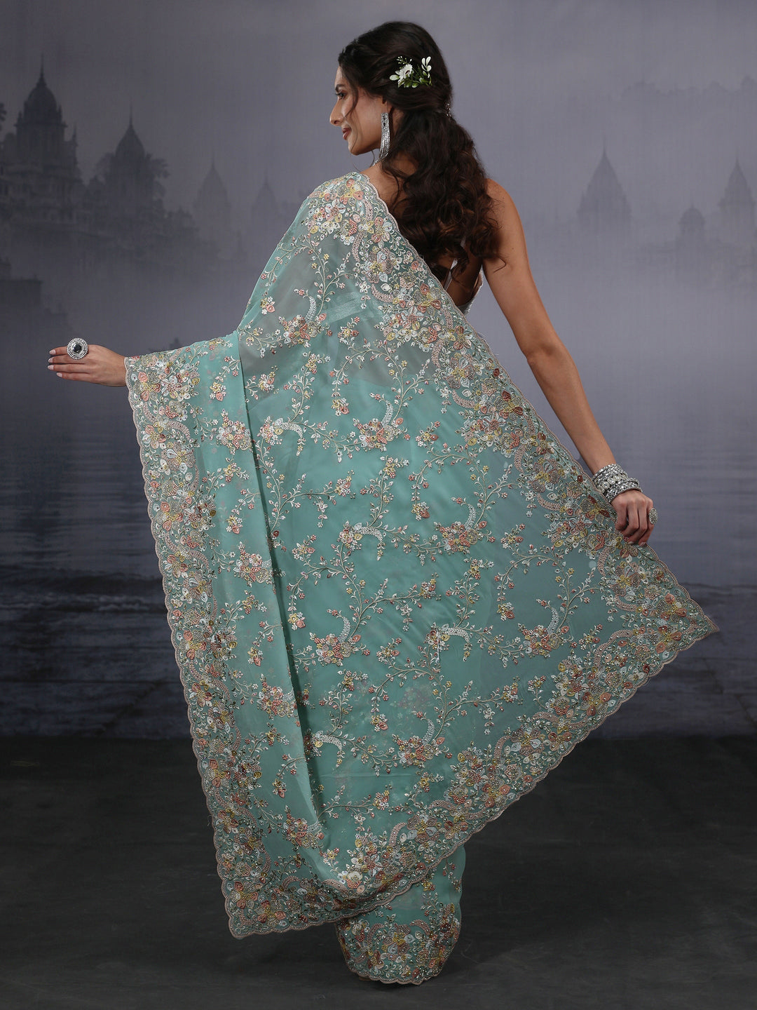  Libas Art Aqua Blue Floral Embroidered Georgette Saree 