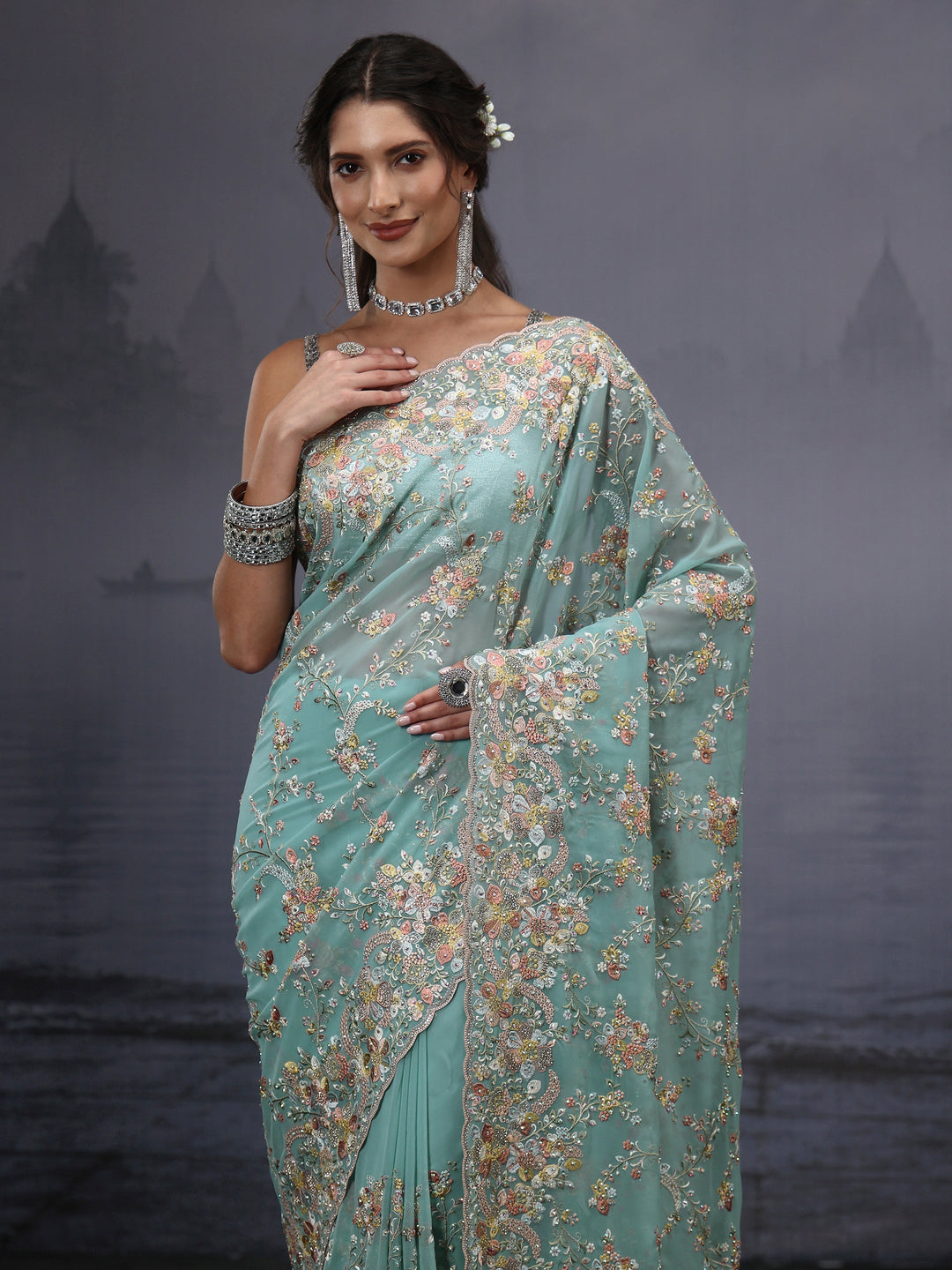  Libas Art Aqua Blue Floral Embroidered Georgette Saree 