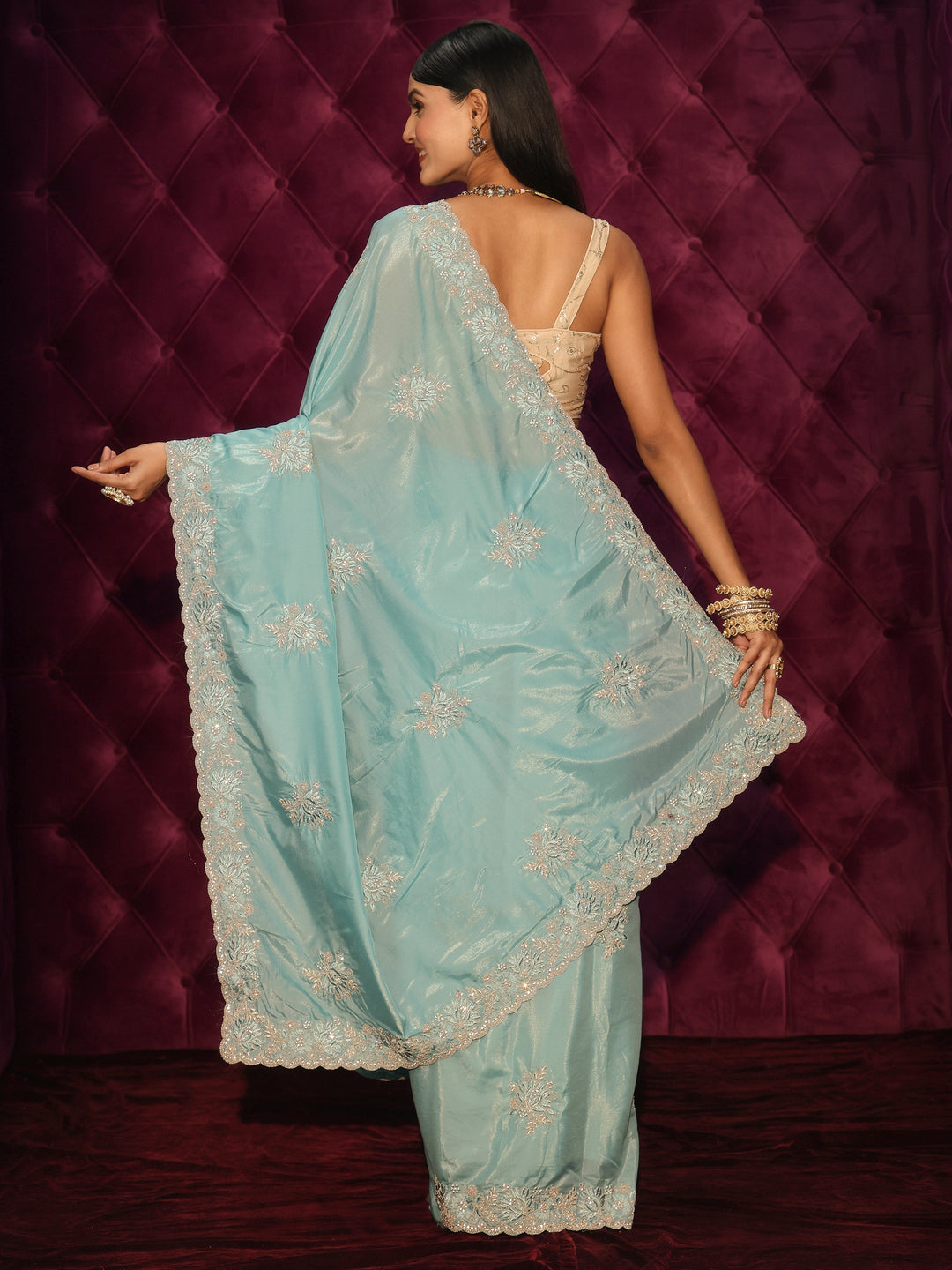  Libas Aqua Blue Floral Embroidered Satin Saree 