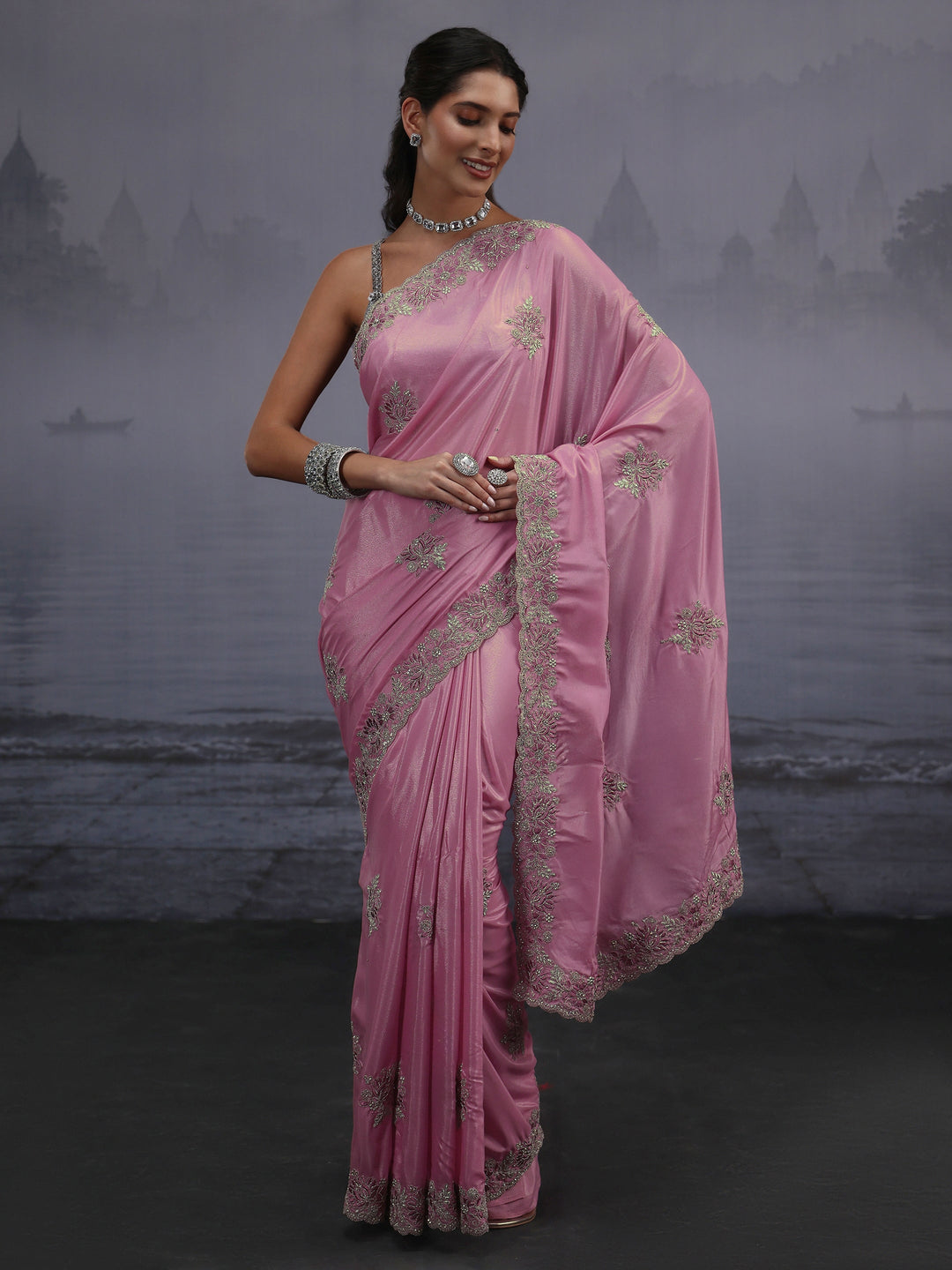  Libas Pink Floral Embroidered Satin Saree 
