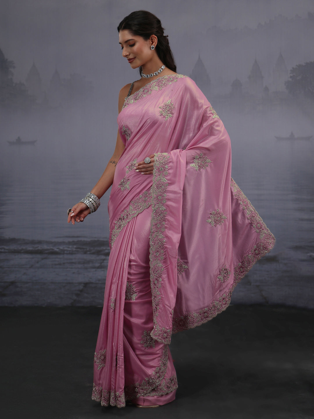  Libas Pink Floral Embroidered Satin Saree 