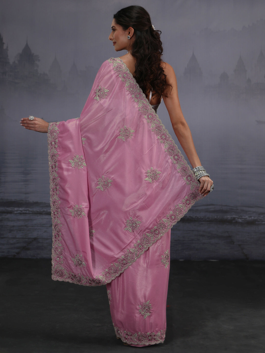  Libas Pink Floral Embroidered Satin Saree 