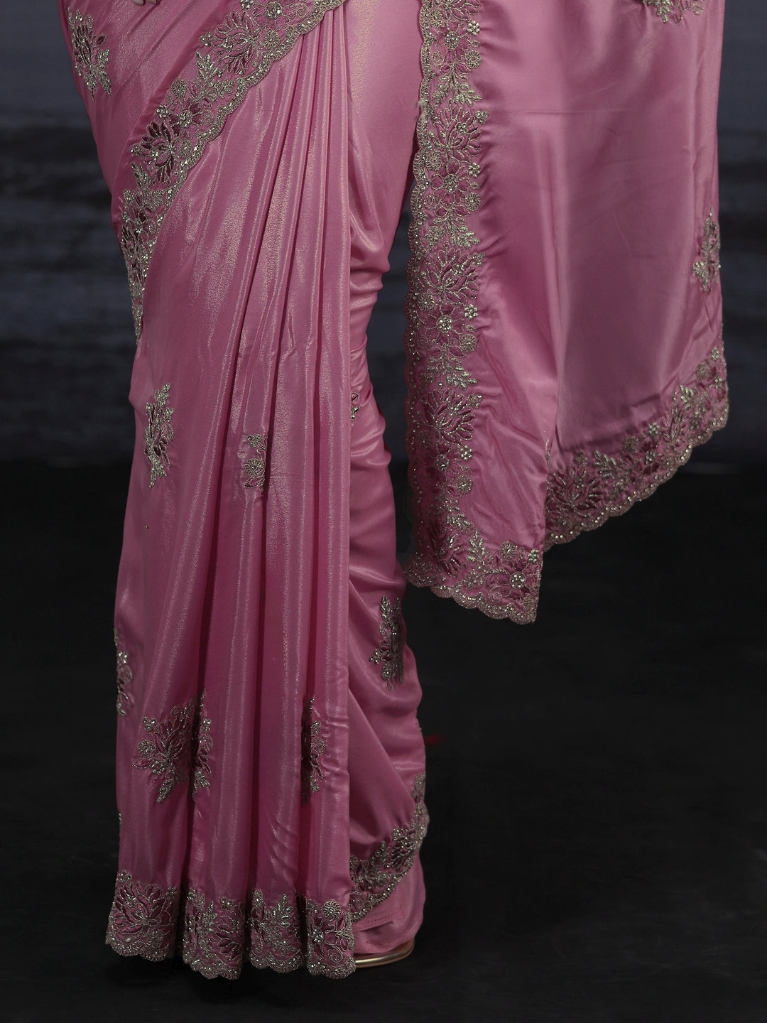  Libas Pink Floral Embroidered Satin Saree 