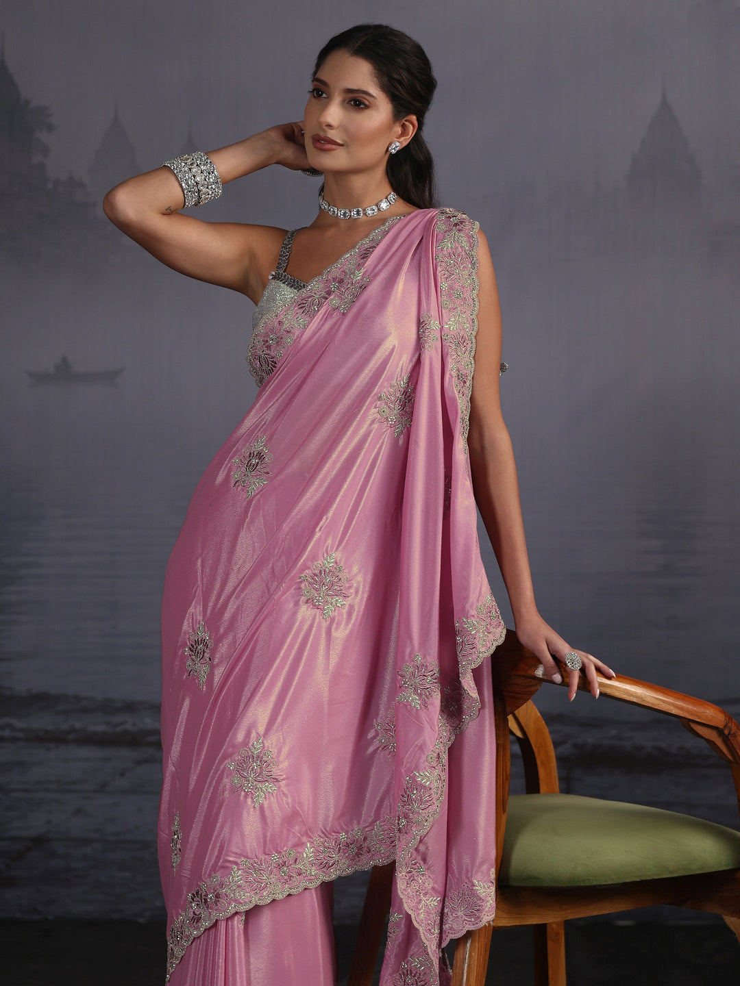  Libas Pink Floral Embroidered Satin Saree 