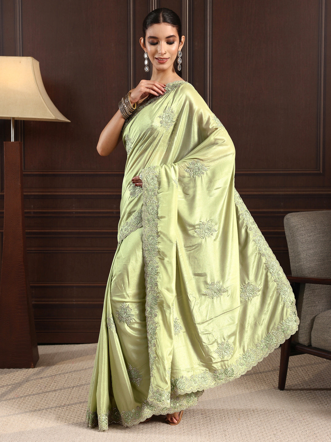  Libas Green Floral Embroidered Satin Saree 