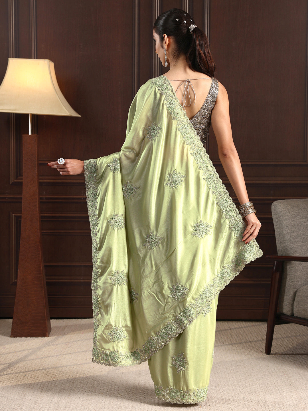  Libas Green Floral Embroidered Satin Saree 