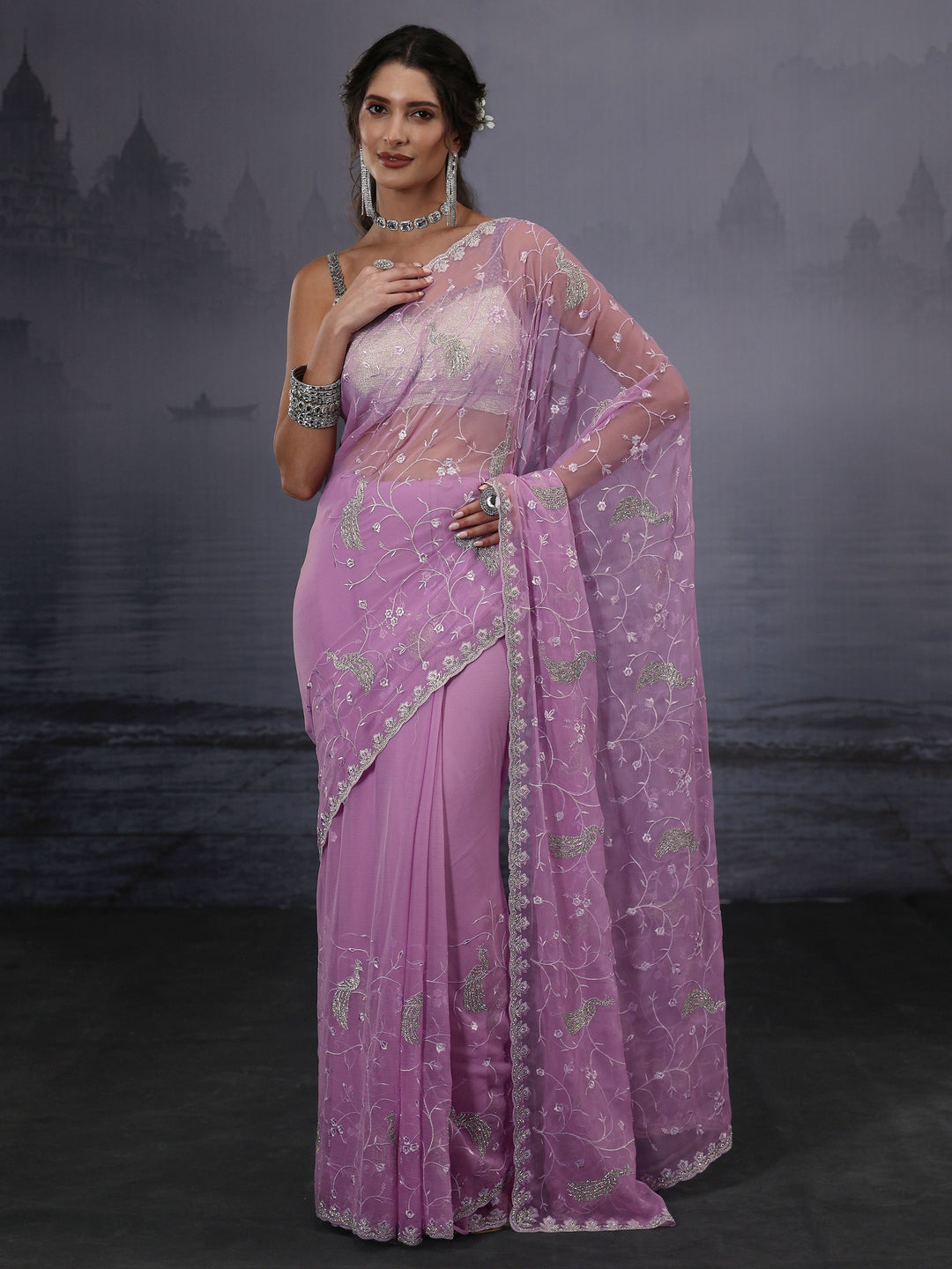  Libas Lavender Floral Embroidered Chiffon Saree with Stone Work 