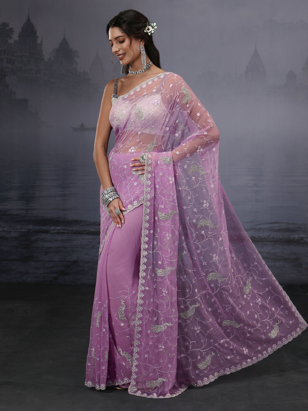  Libas Lavender Floral Embroidered Chiffon Saree with Stone Work 