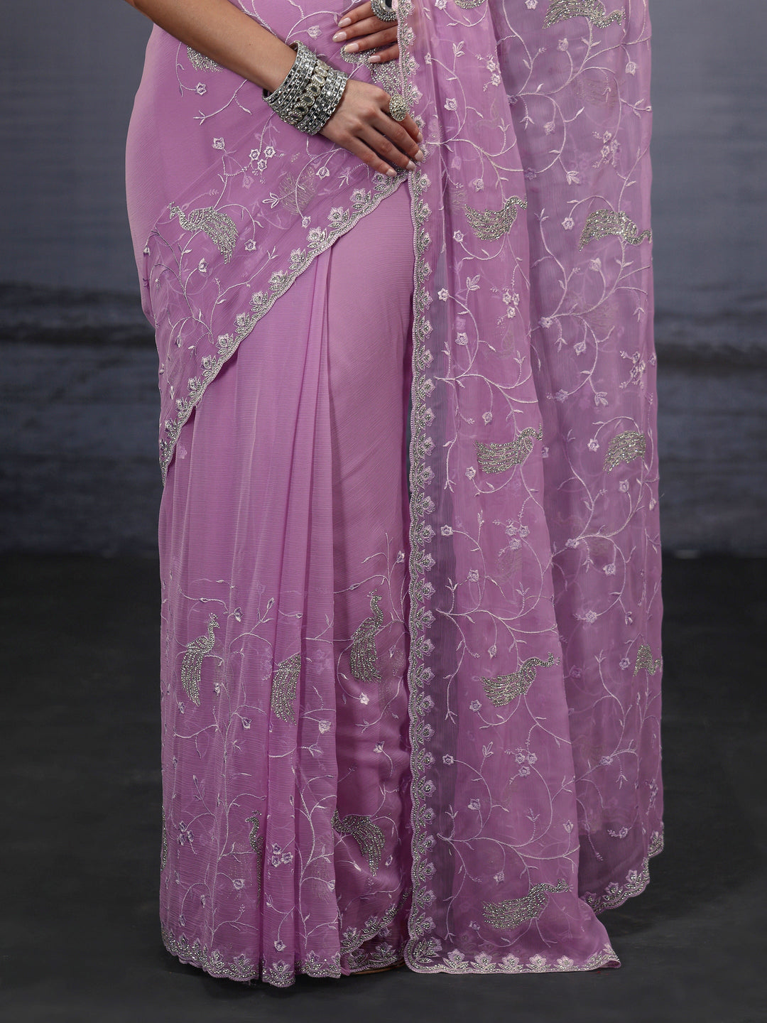  Libas Lavender Floral Embroidered Chiffon Saree with Stone Work 