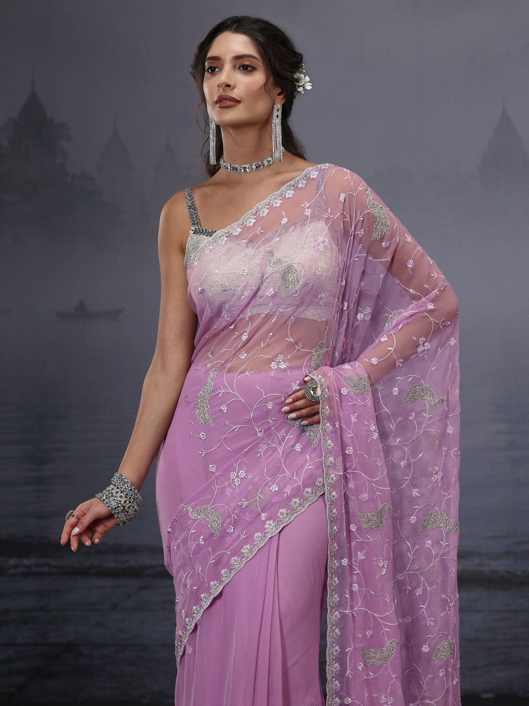  Libas Lavender Floral Embroidered Chiffon Saree with Stone Work 