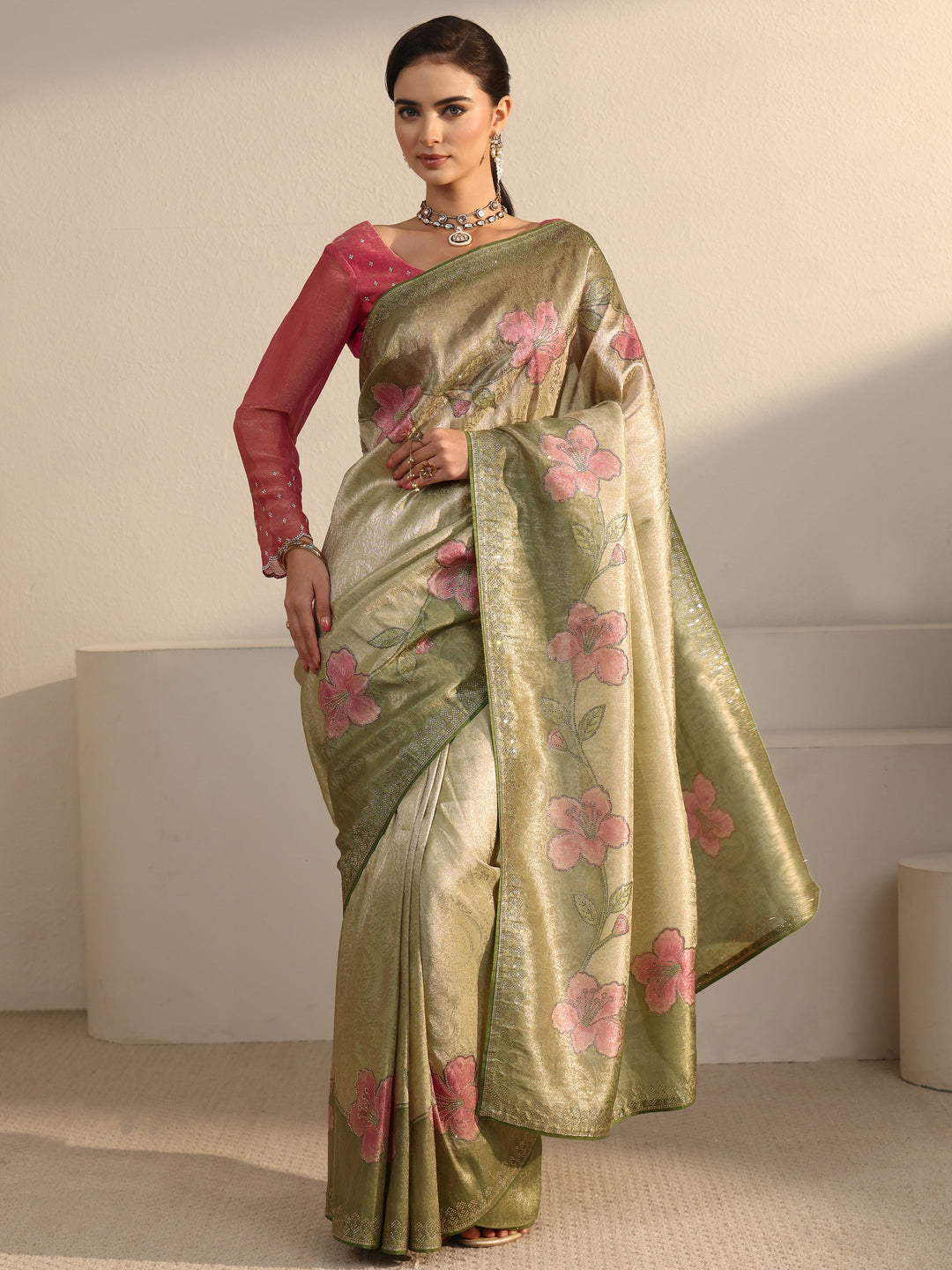  Libas Green Floral Stone Work Embellished Silk Blend Saree 