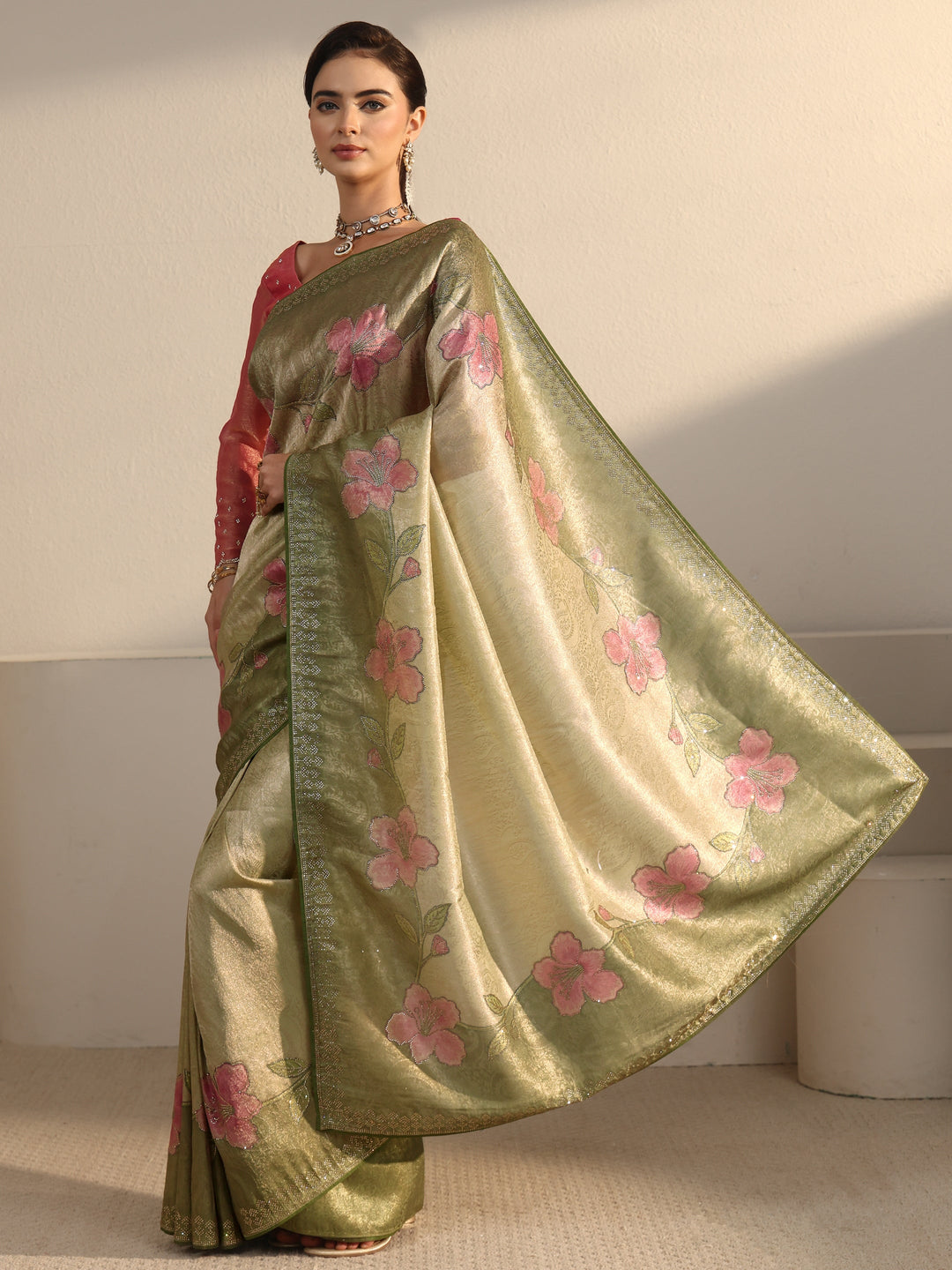  Libas Green Floral Stone Work Embellished Silk Blend Saree 