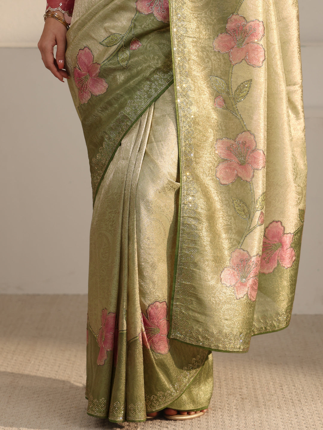  Libas Green Floral Stone Work Embellished Silk Blend Saree 