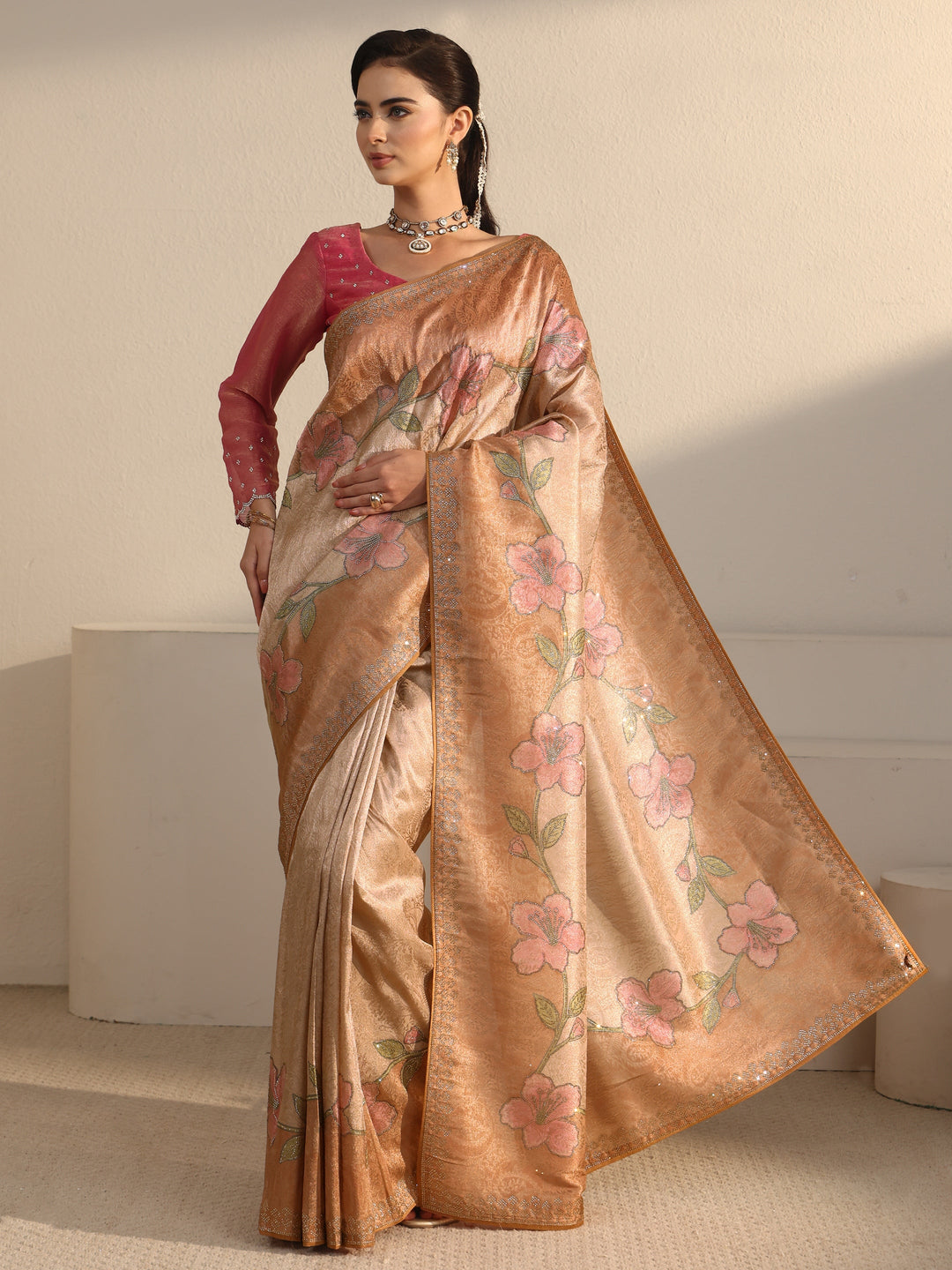  Libas Peach Floral Stone Work Embellished Silk Blend Saree 