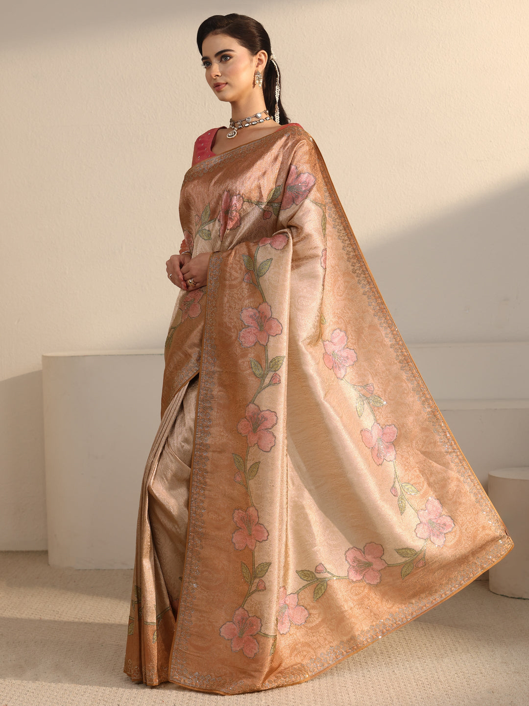  Libas Peach Floral Stone Work Embellished Silk Blend Saree 