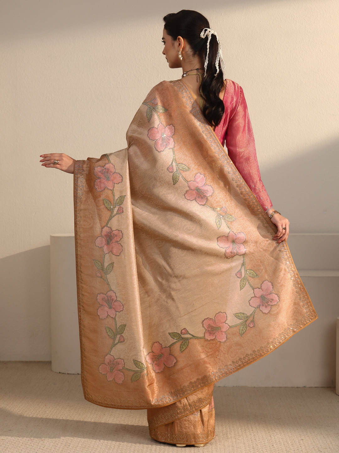  Libas Peach Floral Stone Work Embellished Silk Blend Saree 