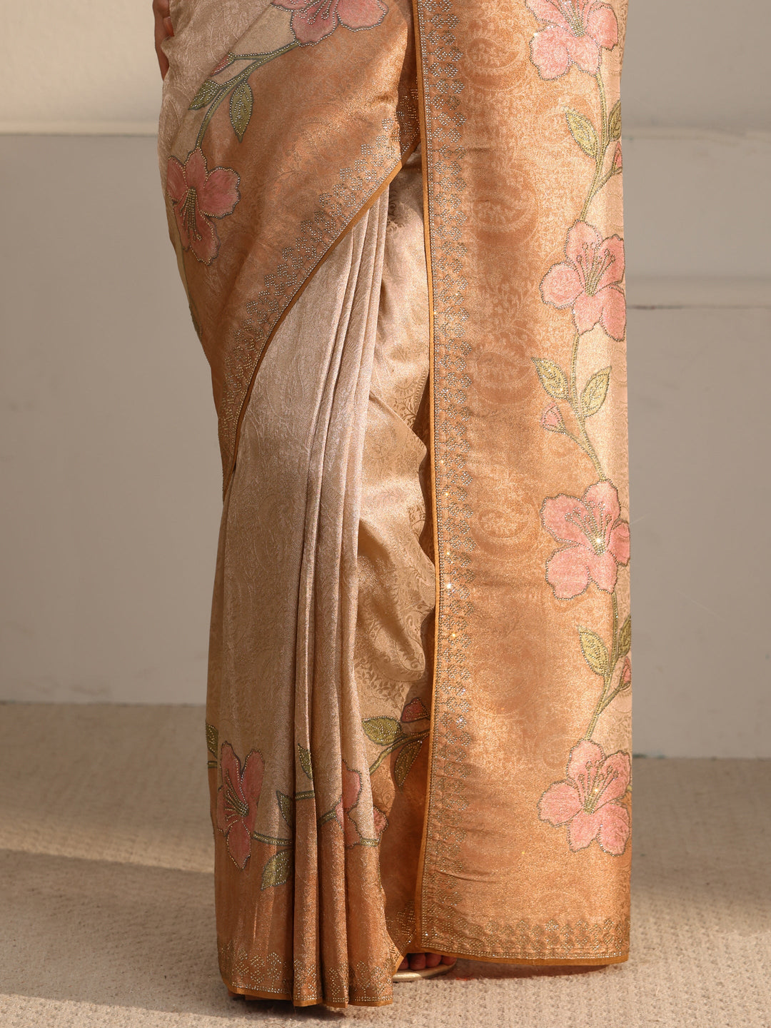  Libas Peach Floral Stone Work Embellished Silk Blend Saree 