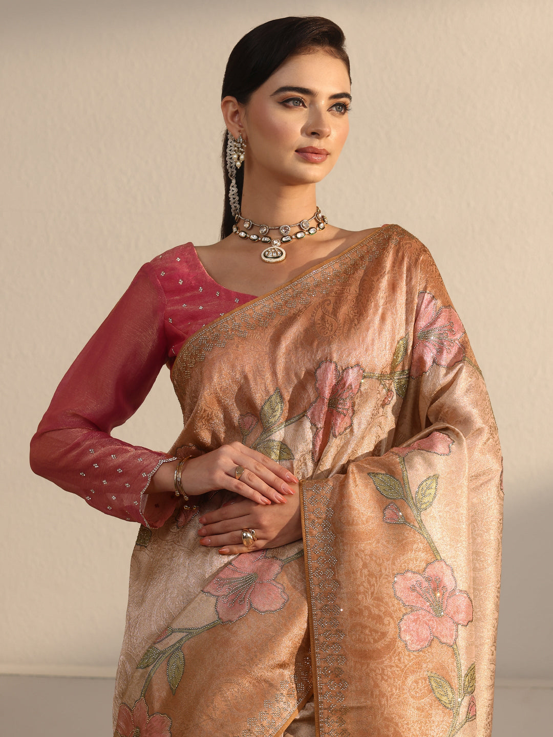  Libas Peach Floral Stone Work Embellished Silk Blend Saree 