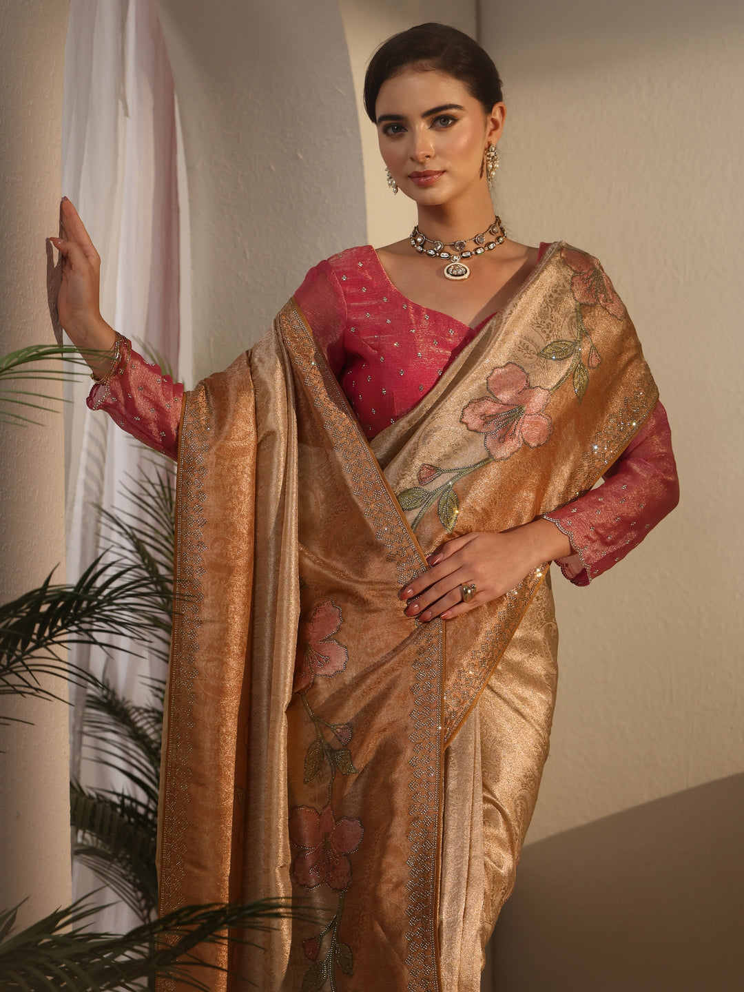  Libas Peach Floral Stone Work Embellished Silk Blend Saree 