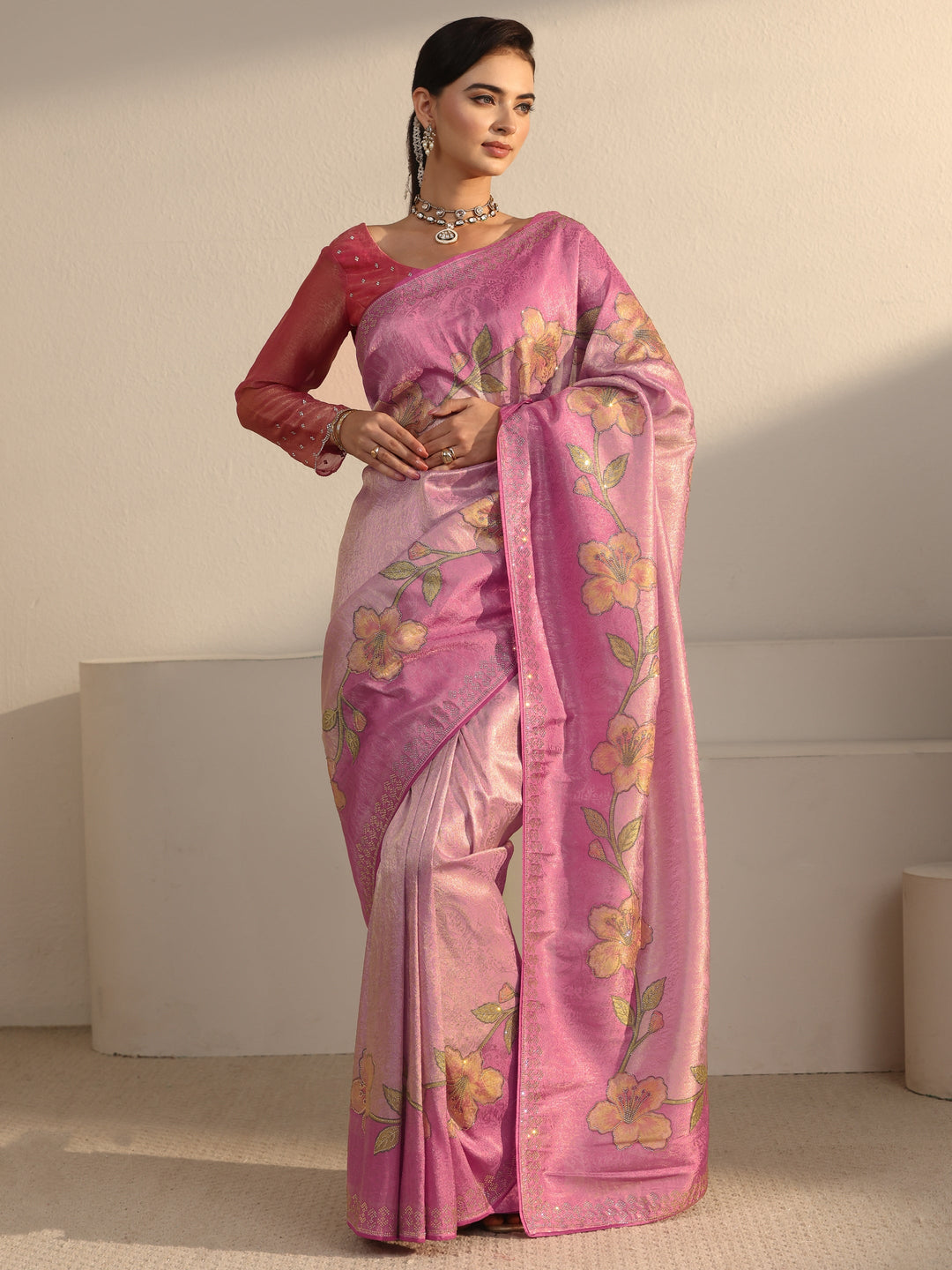  Libas Pink Floral Stone Work Embellished Silk Blend Saree 