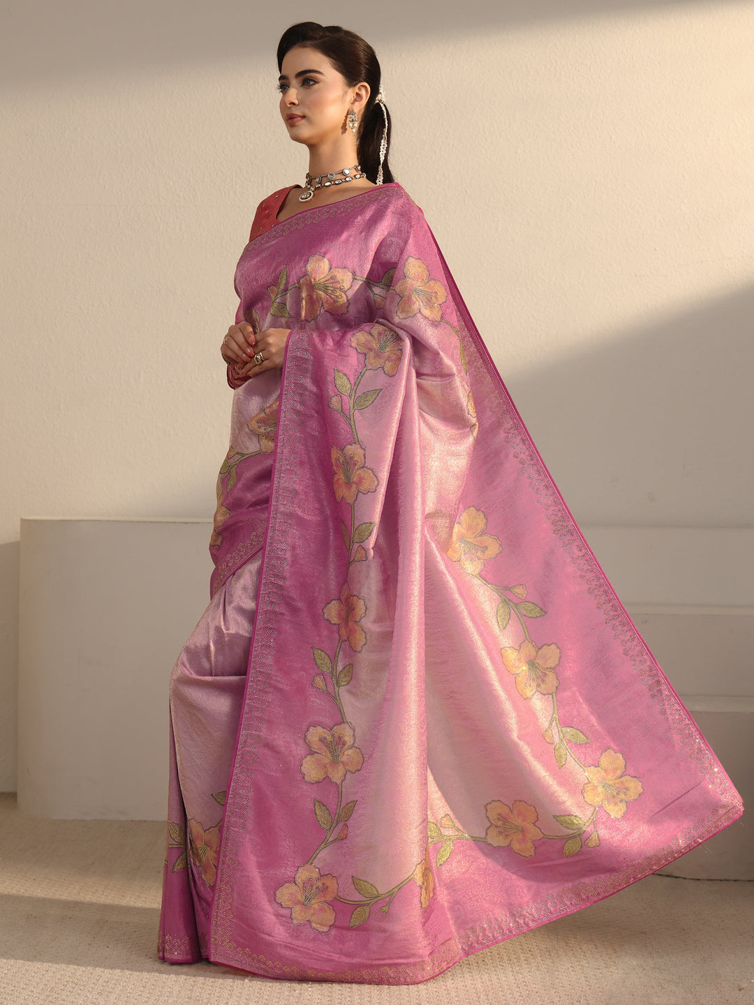  Libas Pink Floral Stone Work Embellished Silk Blend Saree 