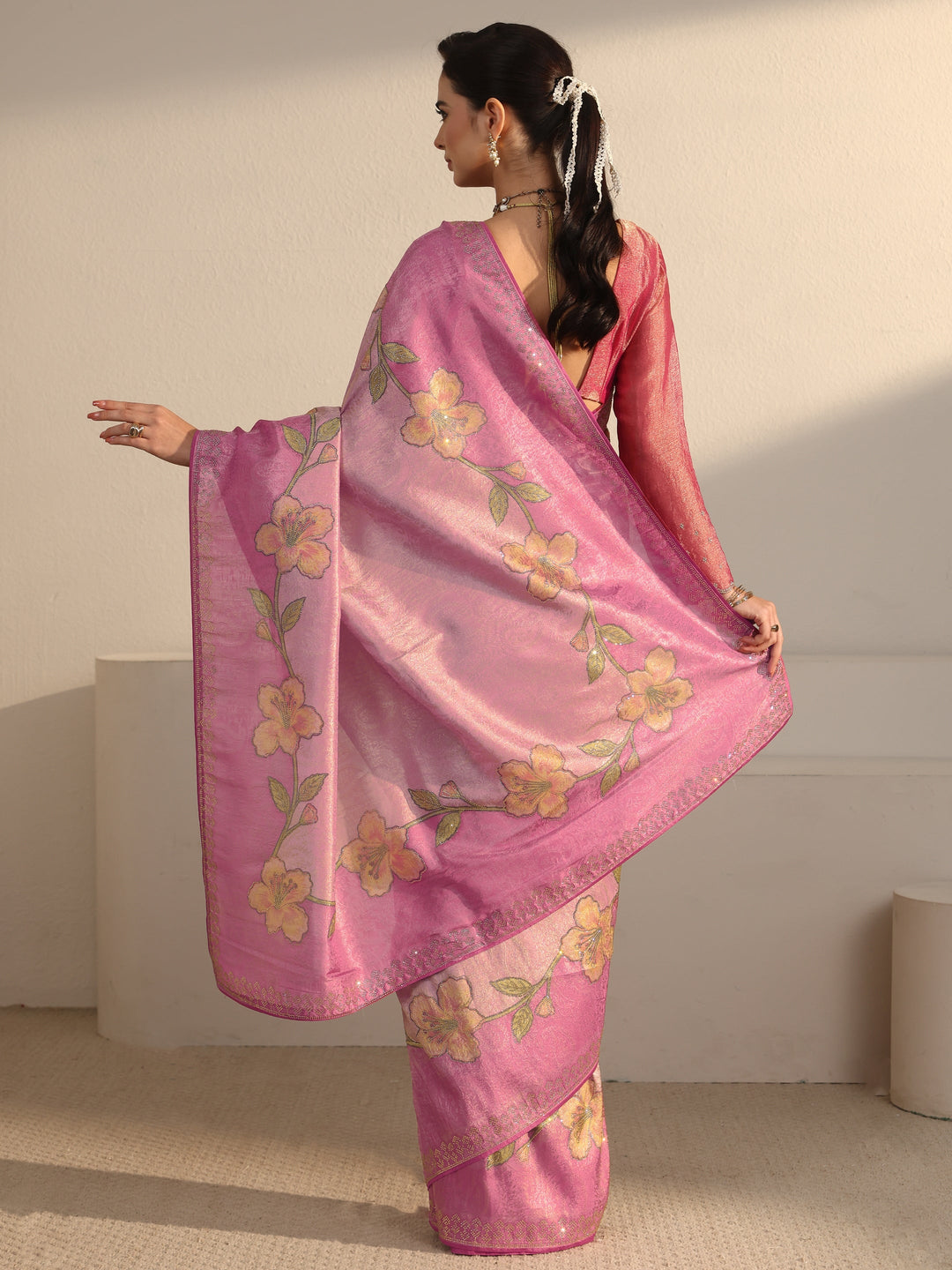  Libas Pink Floral Stone Work Embellished Silk Blend Saree 