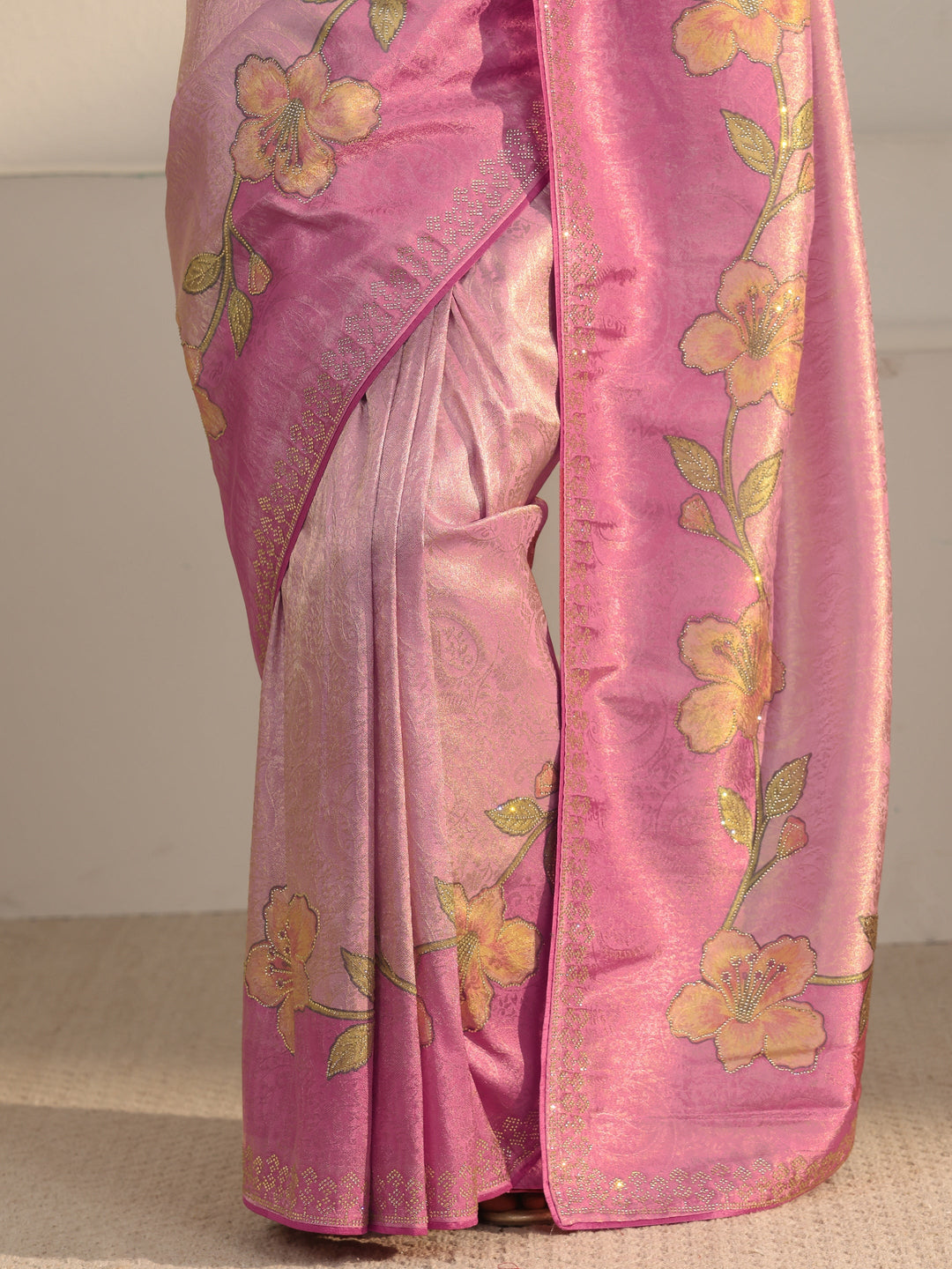  Libas Pink Floral Stone Work Embellished Silk Blend Saree 
