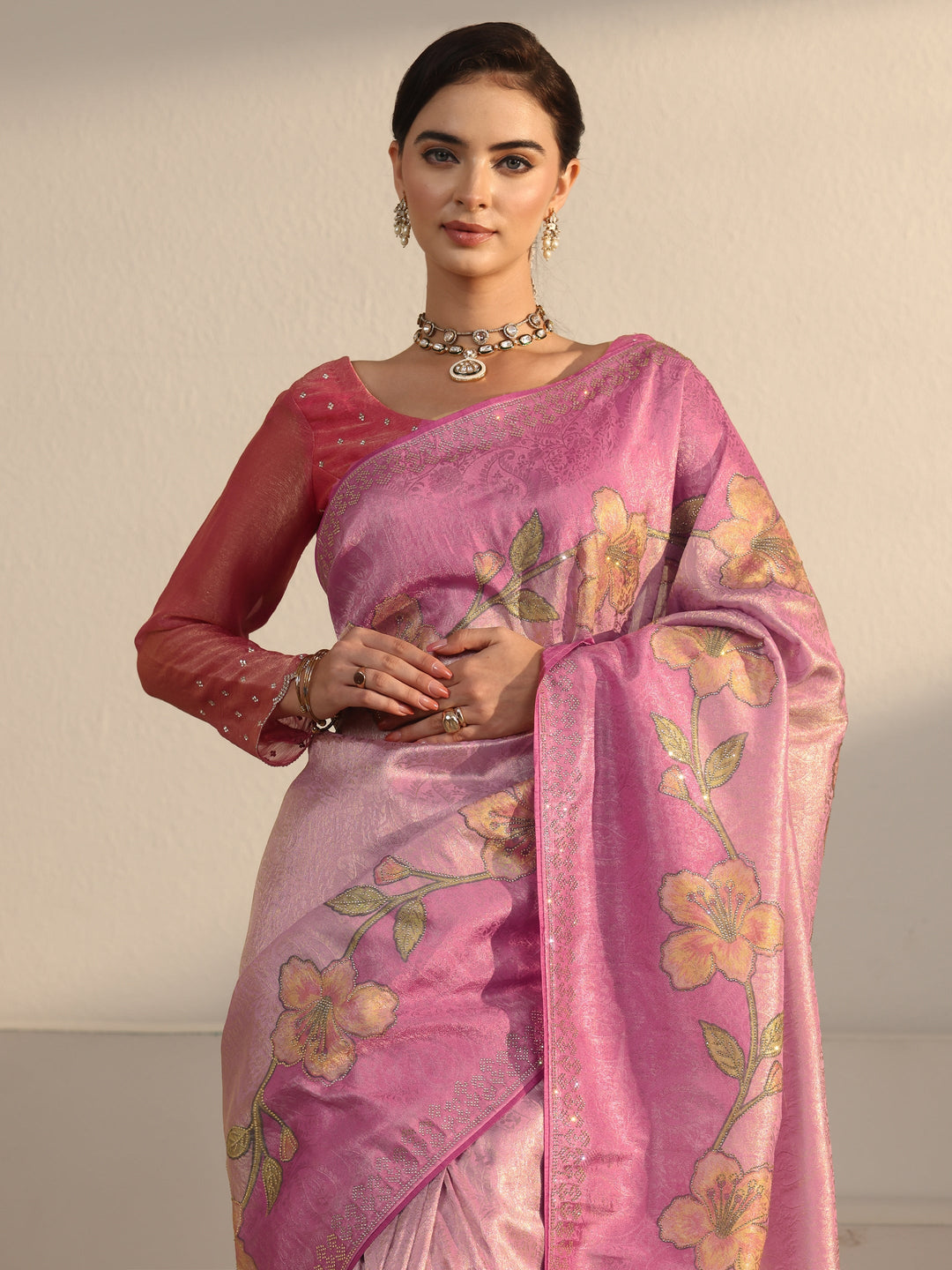  Libas Pink Floral Stone Work Embellished Silk Blend Saree 