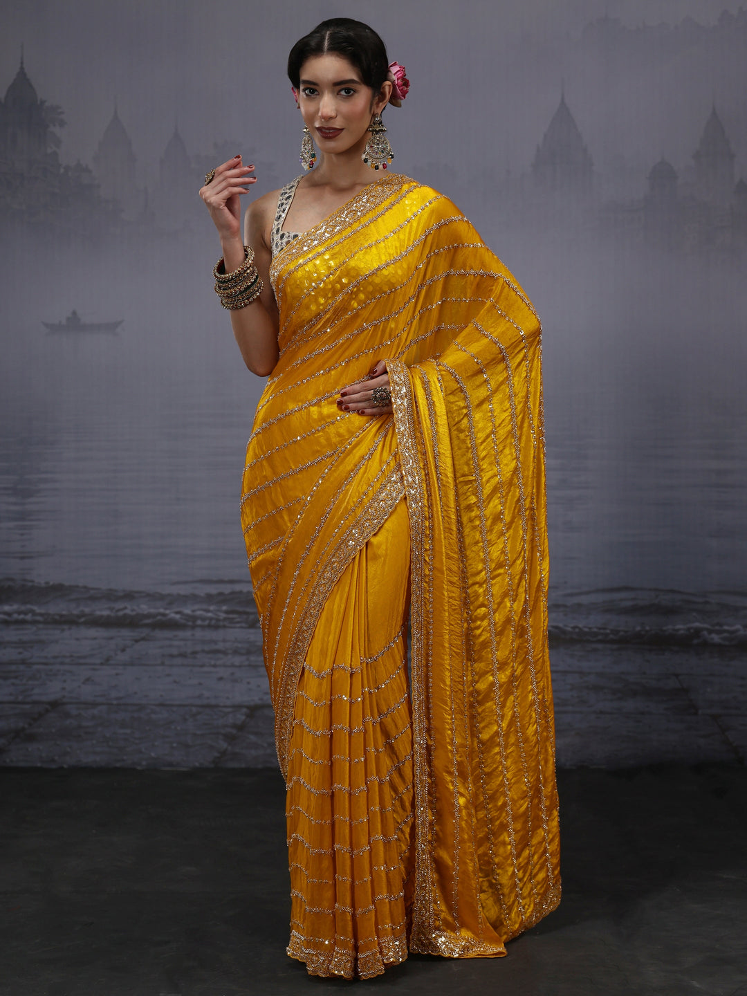  Libas Art Mustard Embellished Tissue Saree 
