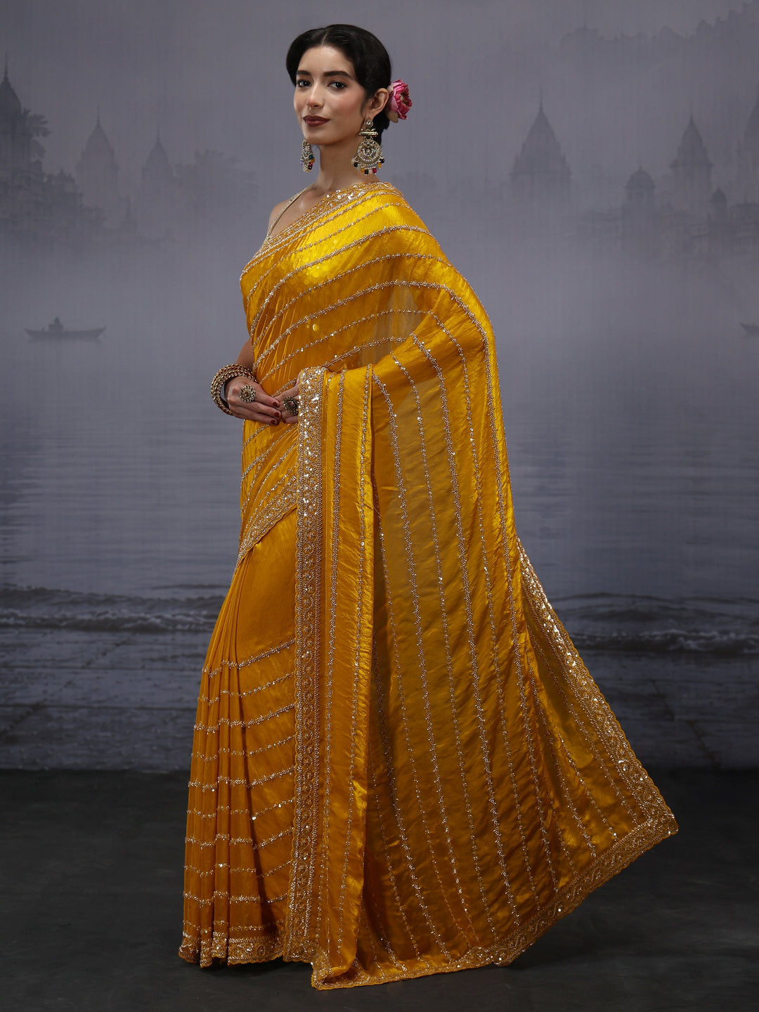  Libas Art Mustard Embellished Tissue Saree 