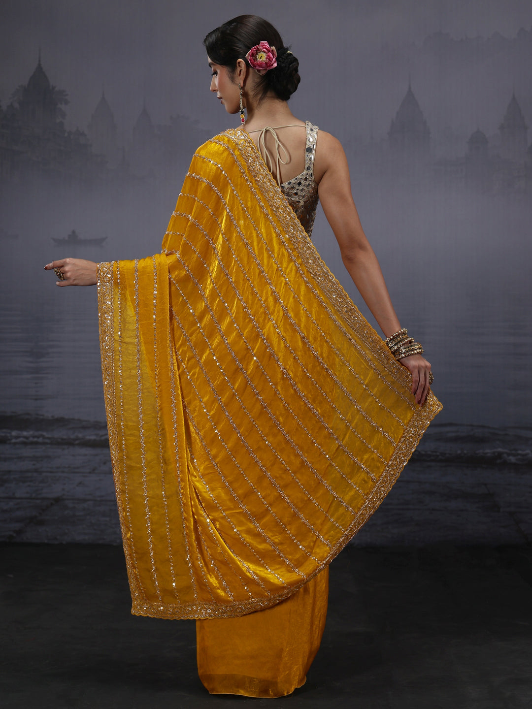  Libas Art Mustard Embellished Tissue Saree 