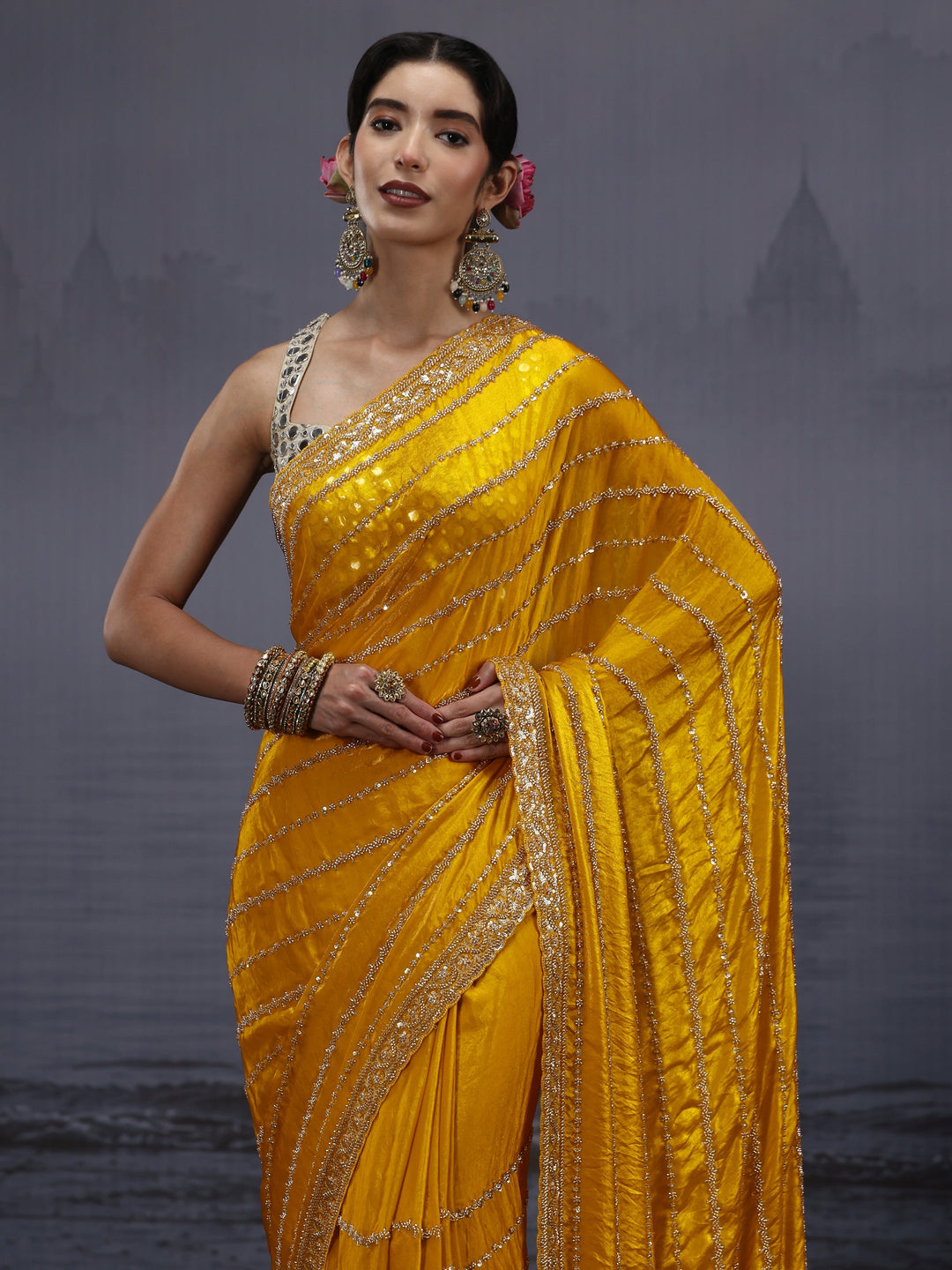  Libas Art Mustard Embellished Tissue Saree 