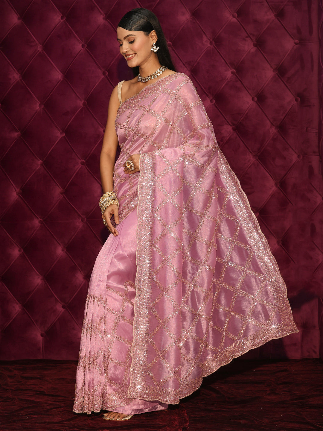  Libas Art Pink Sequin Embellished Tissue Saree 