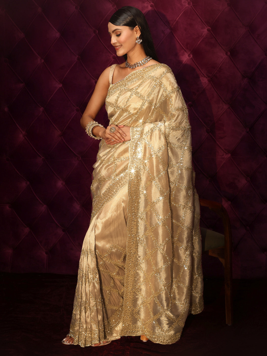  Libas Art Golden Sequin Embellished Tissue Saree 