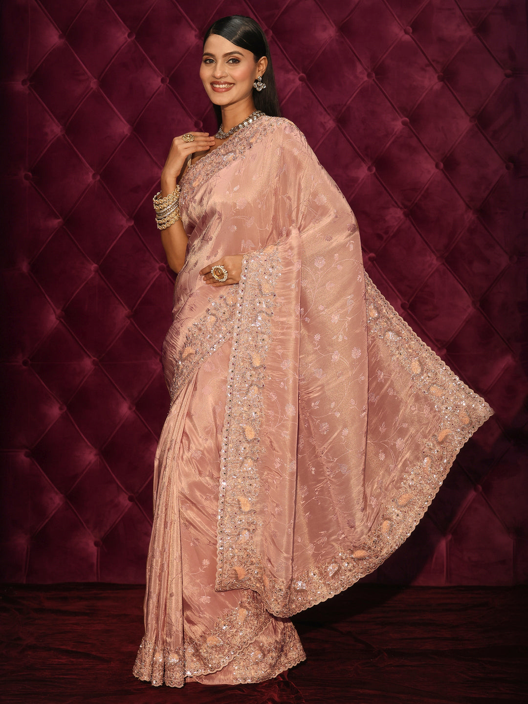  Libas Art Mauve Floral Woven Design Silk Blend Saree with Embellished Border 