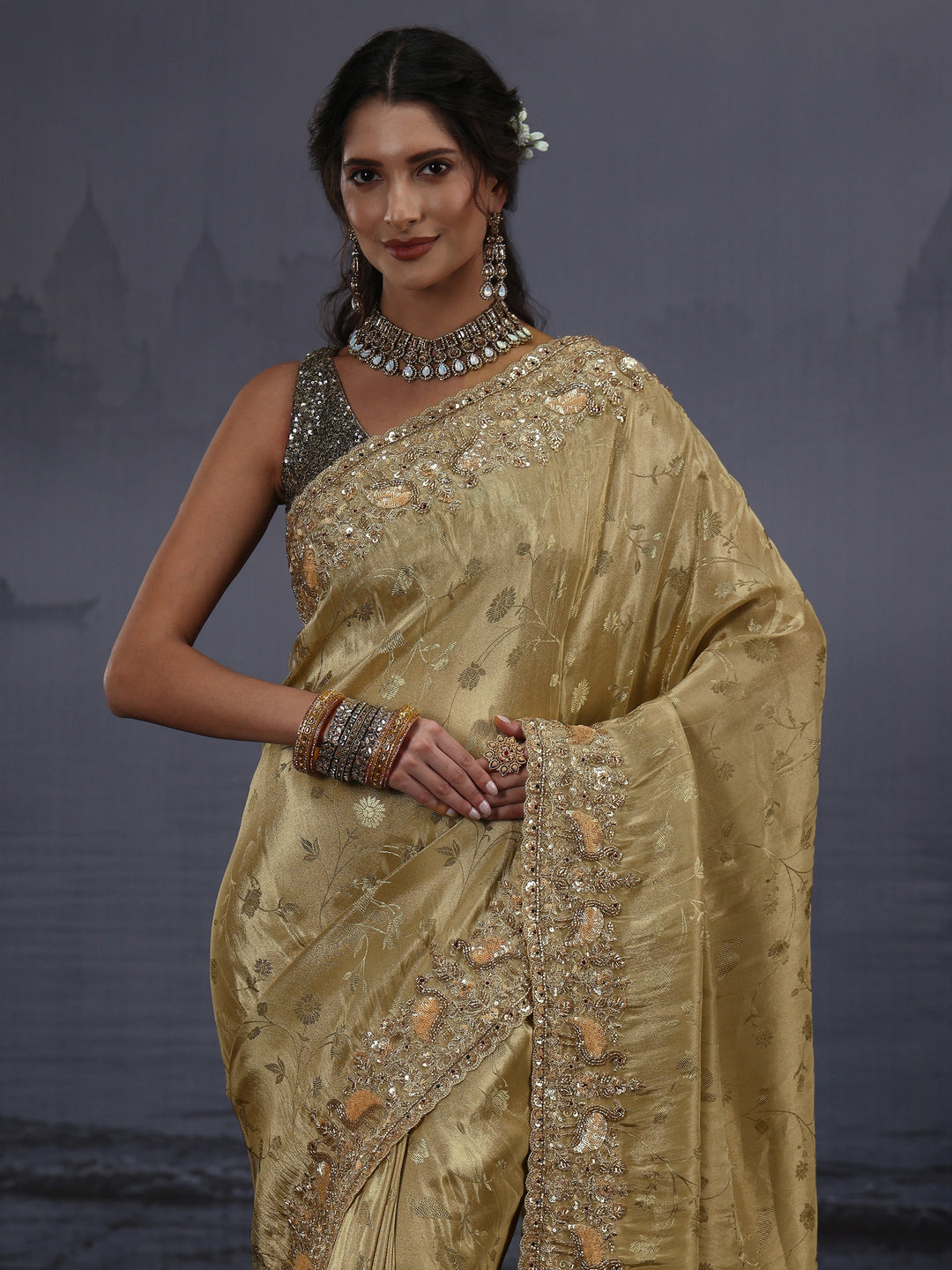  Libas Art Green Floral Woven Design Silk Blend Saree with Embellished Border 