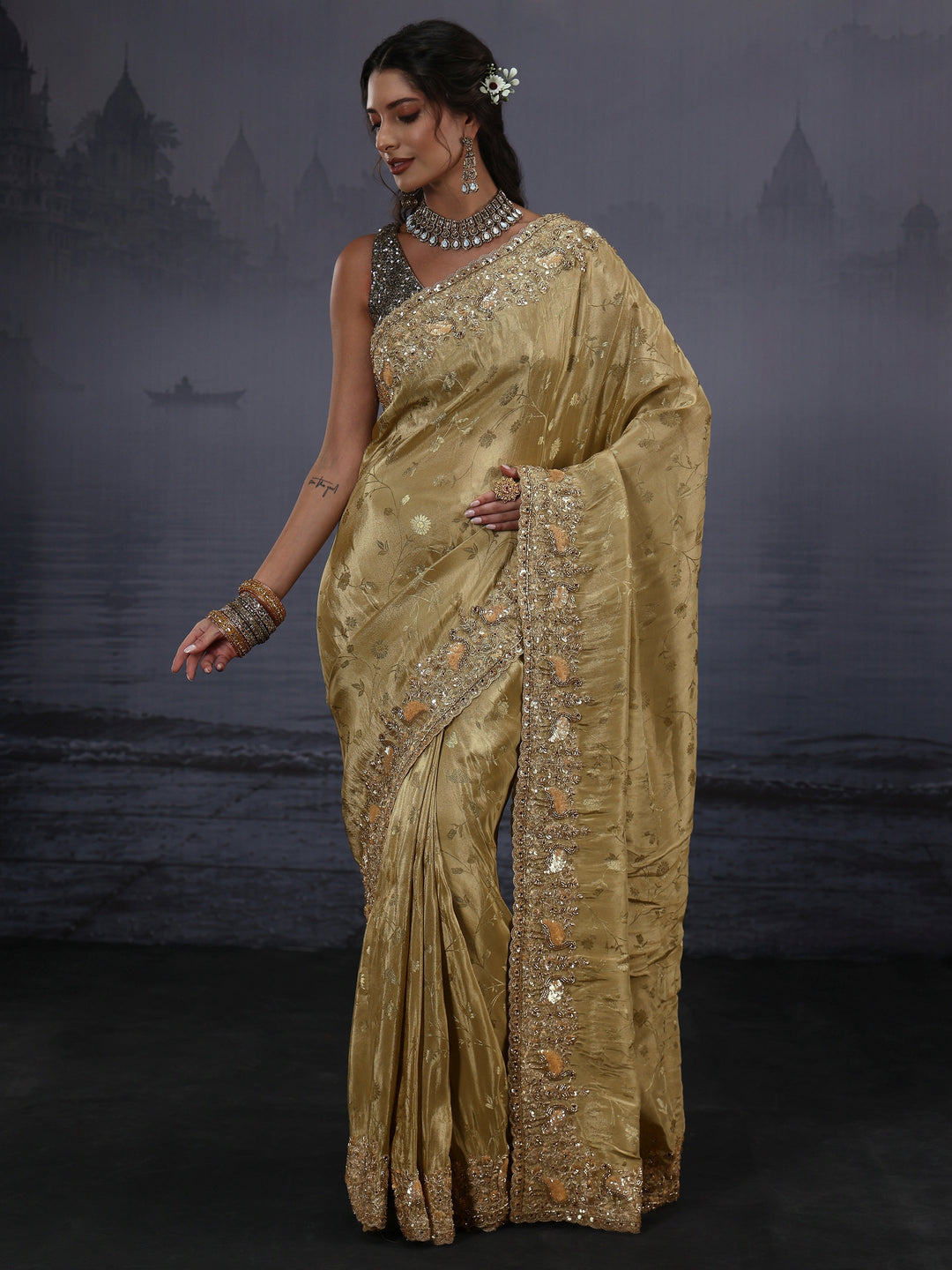  Libas Art Green Floral Woven Design Silk Blend Saree with Embellished Border 