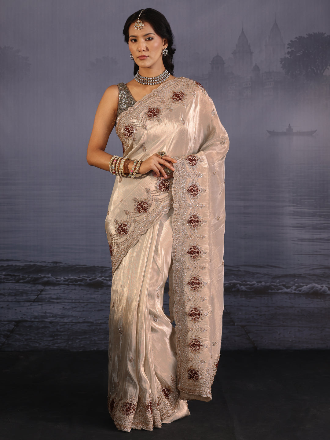  Libas Art Taupe Grey Embellished Silk Blend Saree 