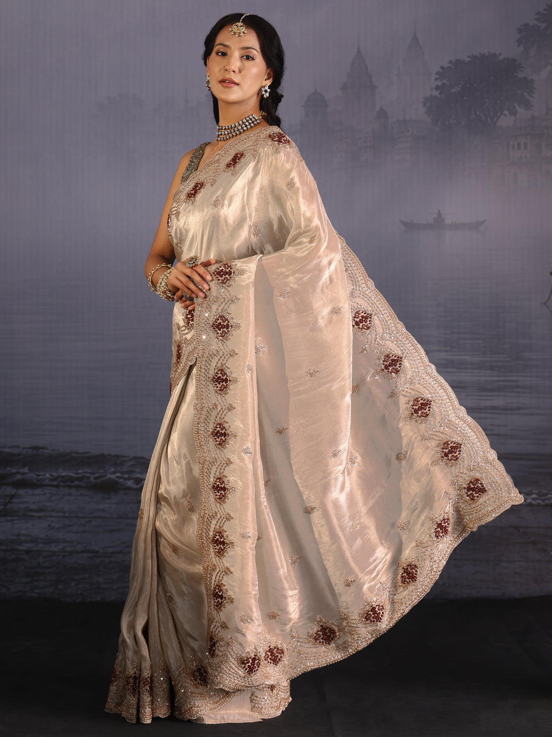  Libas Art Taupe Grey Embellished Silk Blend Saree 
