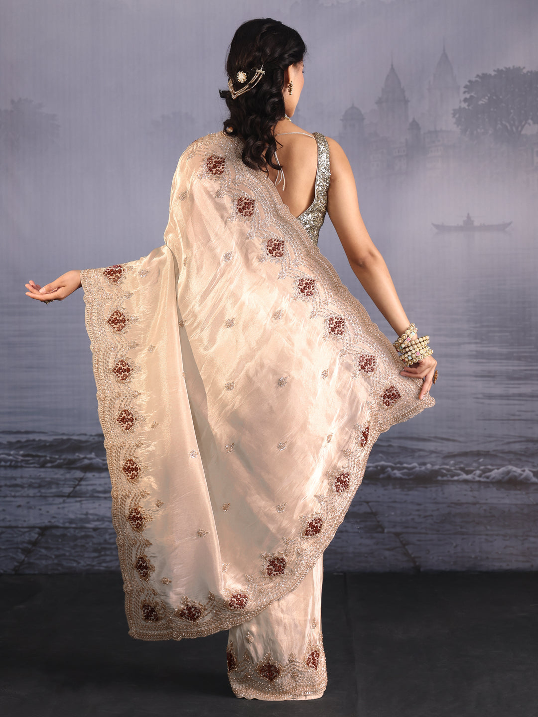  Libas Art Taupe Grey Embellished Silk Blend Saree 