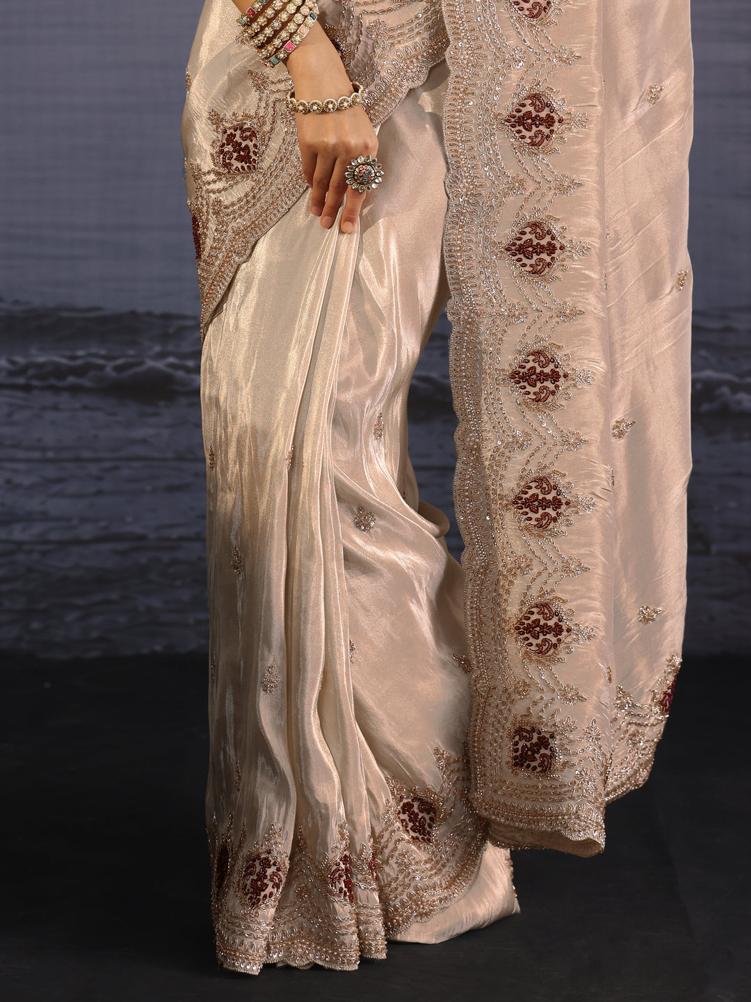  Libas Art Taupe Grey Embellished Silk Blend Saree 