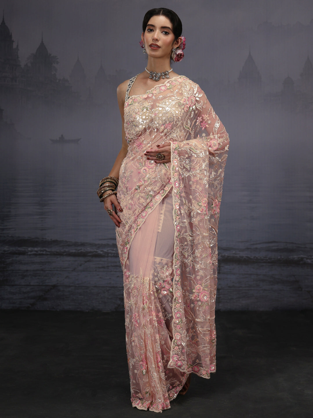  Libas Art Pink Floral Sequin Embellished Net Saree 