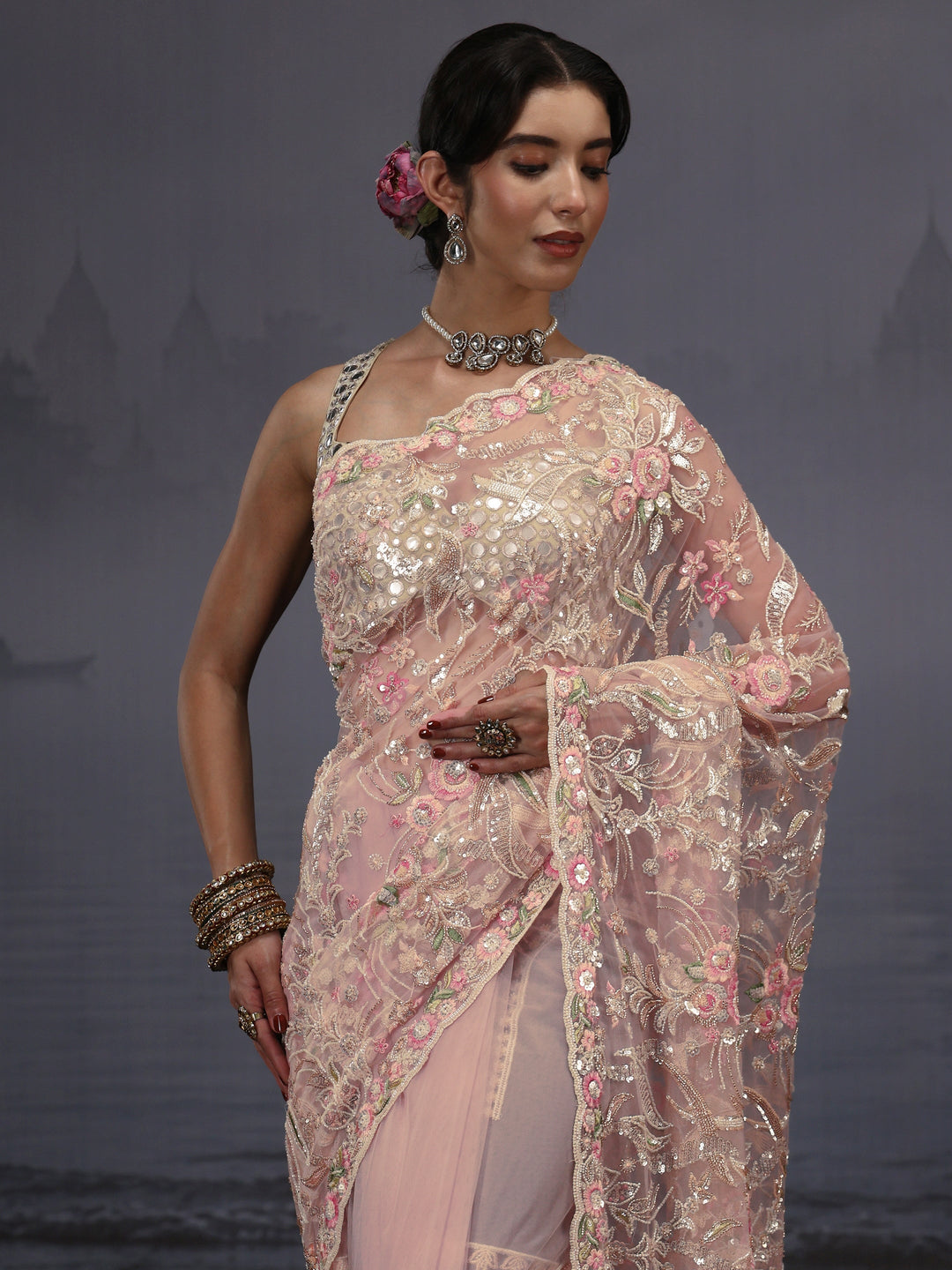  Libas Art Pink Floral Sequin Embellished Net Saree 
