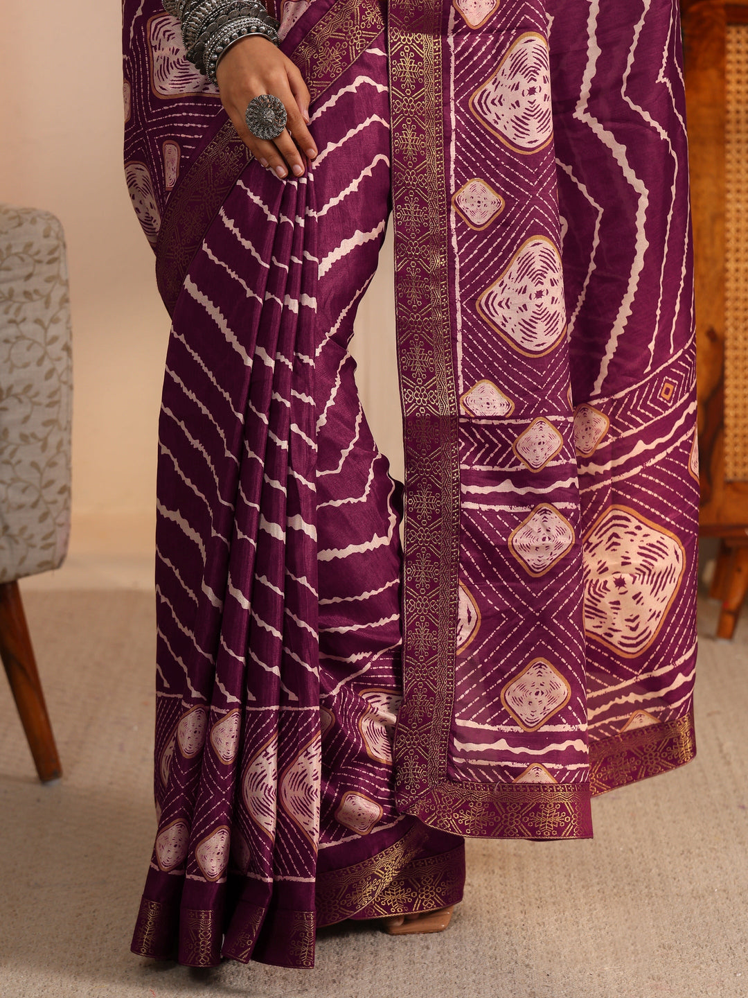  Libas Brown Chevron Printed Silk Blend Saree 